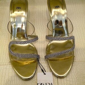 Zara Gold Heels  with Marquis Rhinestones, size 39EU, Gold  Slip-on Open Toe